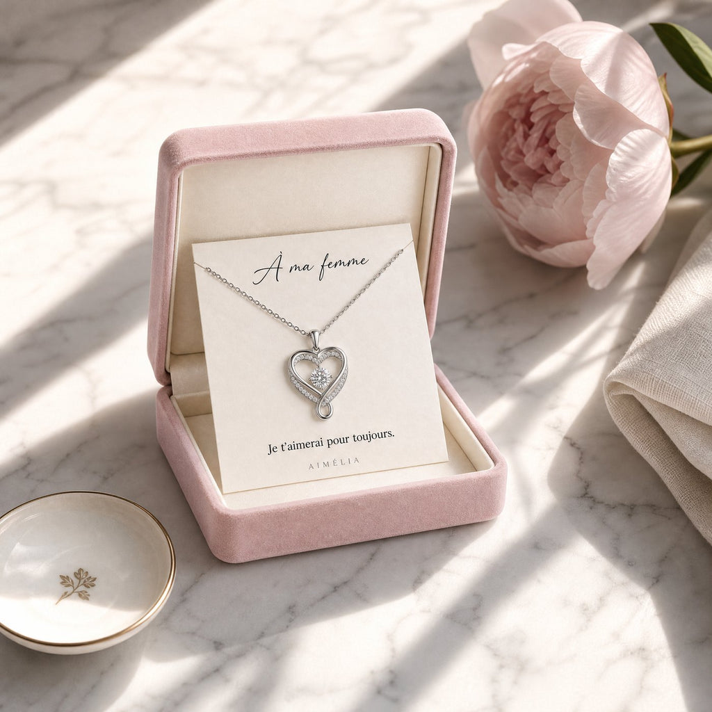 L'écrin rose poudré avec la carte « À ma femme »