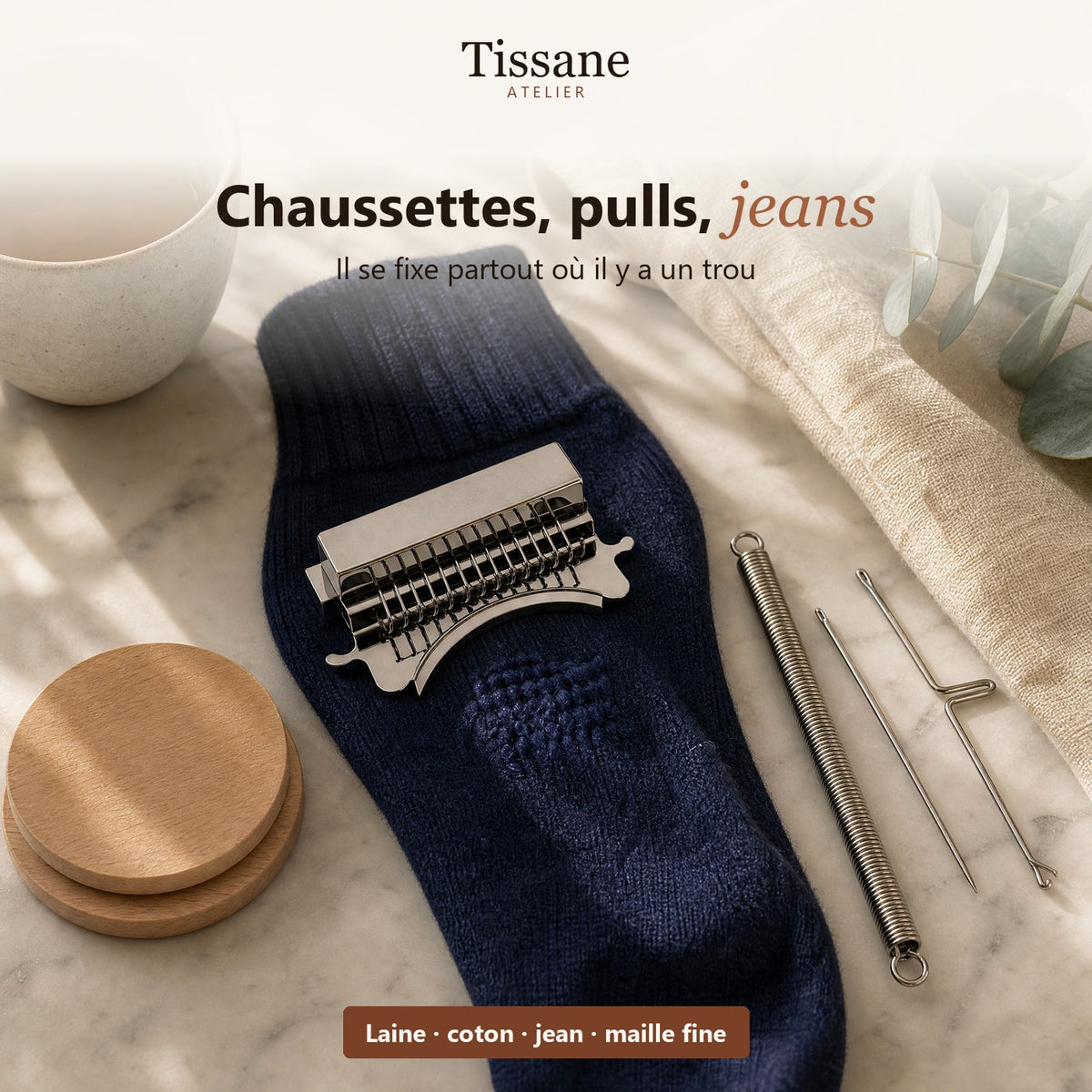 Le métier fixé sur une chaussette